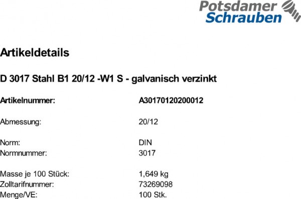 100 Schlauchschellen DIN 3017 Stahl B1 20/12 -W1 verzinkt Zn