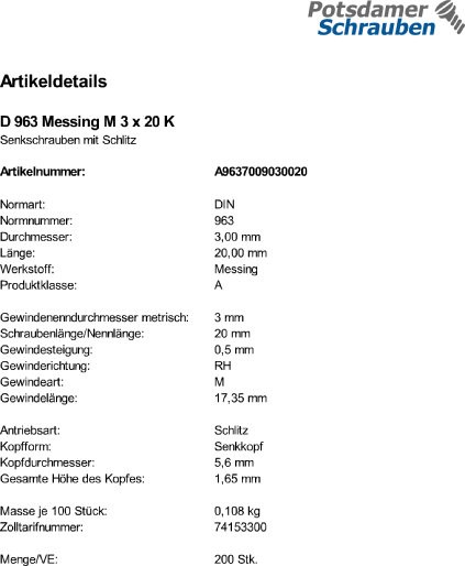 200 Schlitz Senkschrauben DIN 963 Messing M3x20