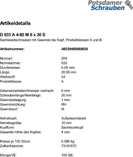 100 Edelstahl V4A Sechskantschrauben DIN 933 A4 - 80 M6x20