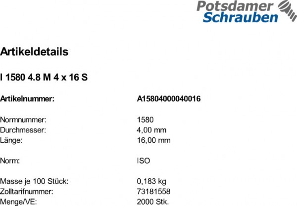 2000 Flachkopfschrauben ISO 1580 4.8 M4x16 Stahl