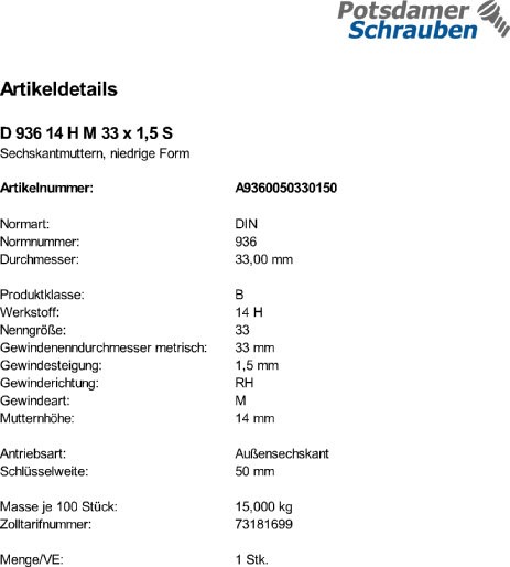 1 Sechskantmuttern DIN 936 14 H M33x1,5 Stahl