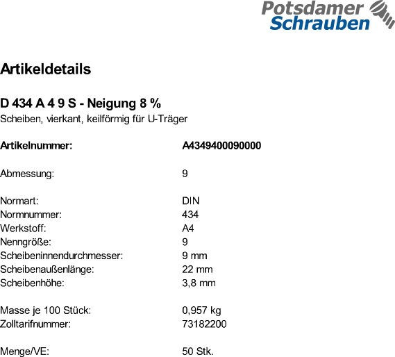 50 Edelstahl U-Scheiben DIN 434 A4 9