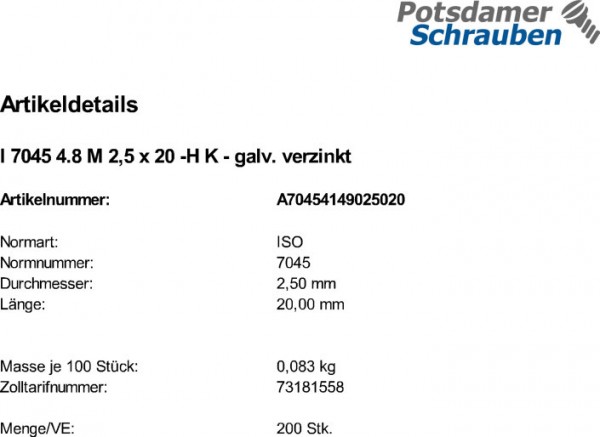 200 Krz. Linsenkopfschrauben ISO 7045 4.8 -H verzinkt M2,5x20