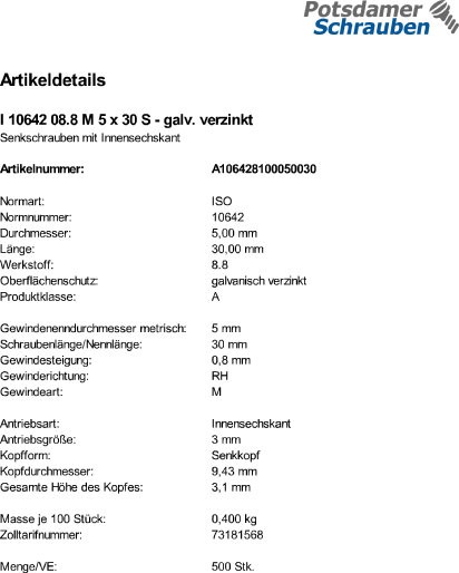500 Innensechskant Senkkopfschrauben eh. DIN 7991 8.8 verzinkt M5x30