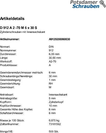 500 Edelstahl V2A Innensechskant Zylinderkopfschrauben DIN 912 A2 -70 M6x30