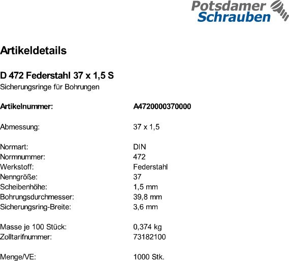 1000 Sicherungsringe DIN 472 Federstahl 37x1,5