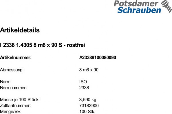 100 Edelstahl A1 Zylinderstifte ISO 2338 1.4305 8 m6 x 90