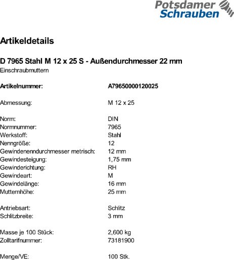 100 Einschraubmuttern DIN 7965 Stahl M12x25 Außendurchmesser 22 mm