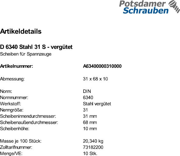 10 Scheiben DIN 6340 Stahl 31 vergütet