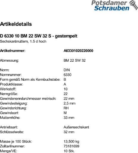 10 Sechskantmuttern DIN 6330 10 BM22 SW 32 gestempelt Stahl