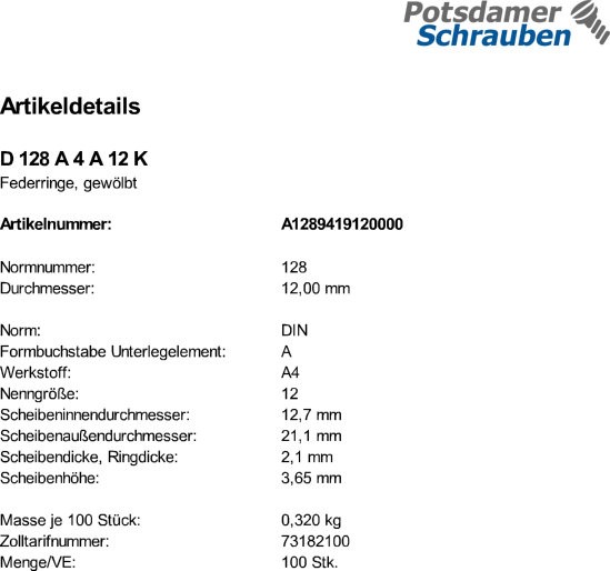 100 Edelstahl V4A Federringe DIN 128 A4 A 12