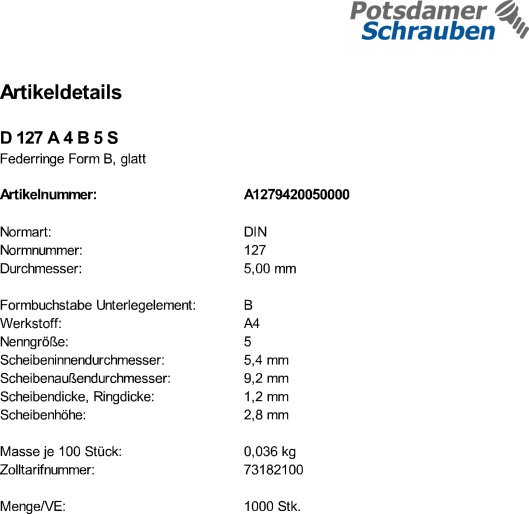 1000 Edelstahl V4A Federringe DIN 127 A4 Form B M5
