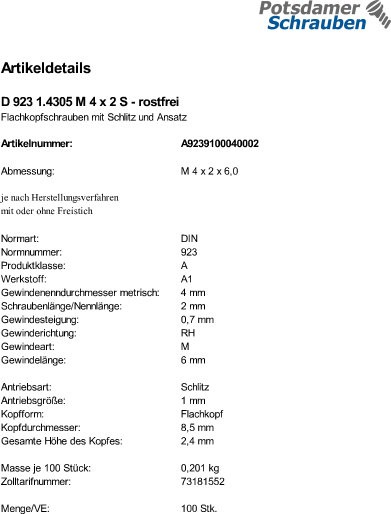 100 Flachkopfschrauben DIN 923 1.4305 M4x2 rostfrei A1 Edelstahl