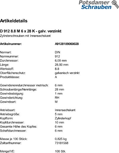 100 Innensechskant Zylinderkopfschrauben DIN 912 8.8 verzinkt M6x28