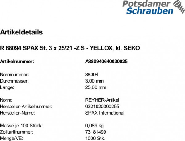 1000 SPAX Senkkopfschrauben gelb verzinkt -Z 3x25 /21 kl.