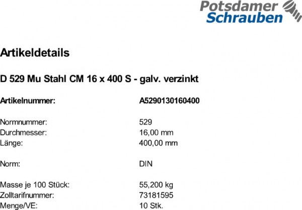 10 Steinschrauben + Mutter DIN 529 3.6 verzinkt CM16x400