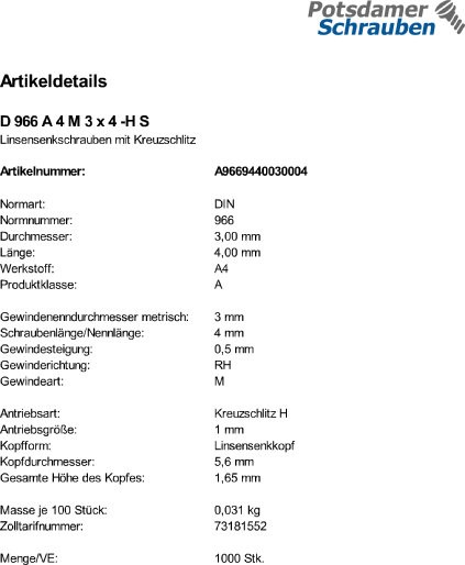 1000 Edelstahl V4A Linsensenkschrauben DIN 966 A4 -H M3x4
