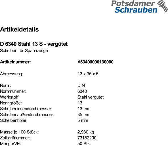 50 Scheiben DIN 6340 Stahl 13 vergütet