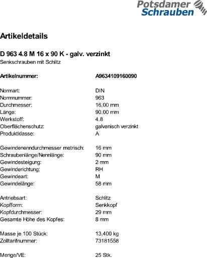 25 Schlitz Senkschrauben DIN 963 4.8 verzinkt M16x90