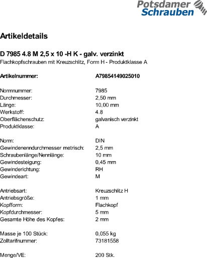 200 Kreuzschlitz Linsenschrauben DIN 7985 4.8 verzinkt -H M2,5x10