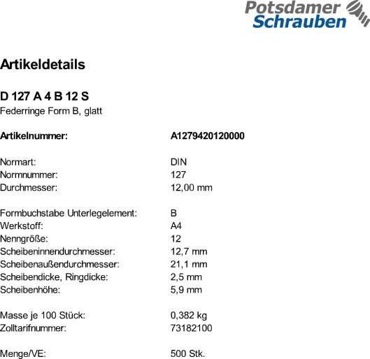 500 Edelstahl V4A Federringe DIN 127 A4 Form B M12