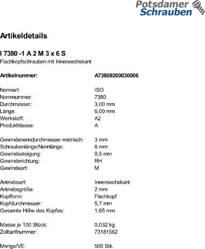 500 Edelstahl V2A Innensechskant Linsenkopfschrauben ISO 7380 -1 A2 M3x6