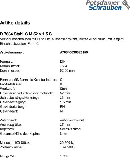 1 Verschlußschrauben DIN 7604 Stahl C M52x1,5