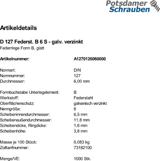 1000 Federringe DIN 127 verzinkt Form B M6