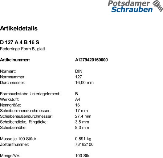 100 Edelstahl V4A Federringe DIN 127 A4 Form B M16