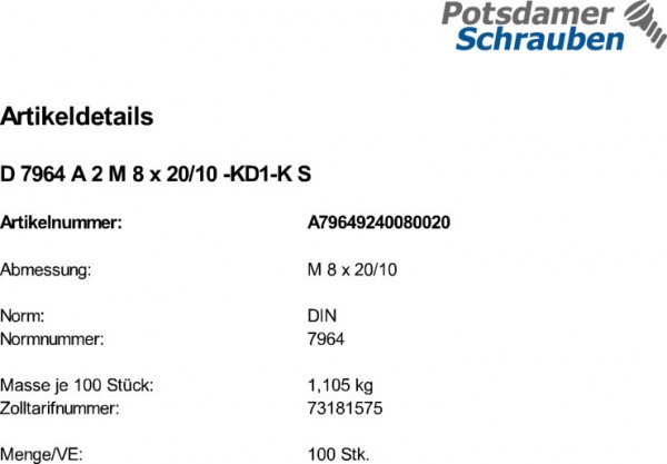 100 Dünnschaftschrauben DIN 7964 A2 M8x20 /10 V2A Edelstahl