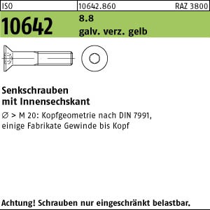 200 Innensechskant Senkkopfschrauben ISO 10642 8.8 gelb verzinkt M10x12
