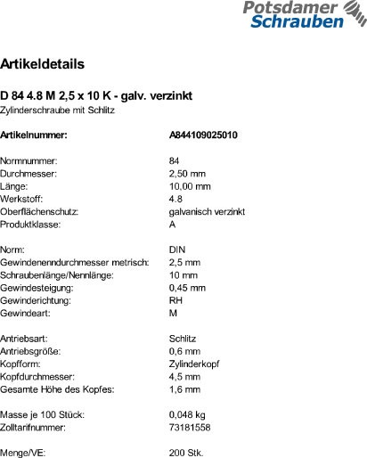 200 Schlitz Zylinderschrauben DIN 84 4.8 verzinkt M2,5x10