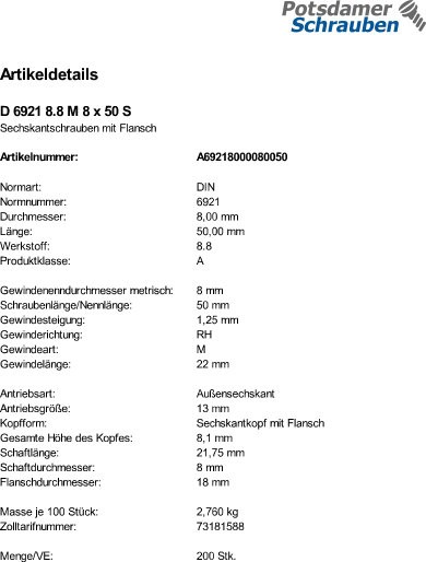 200 Sechskant Flanschschrauben DIN 6921 8.8 Stahl M8x50