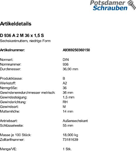 1 Sechskantmuttern DIN 936 A2 M36x1,5 V2A Edelstahl