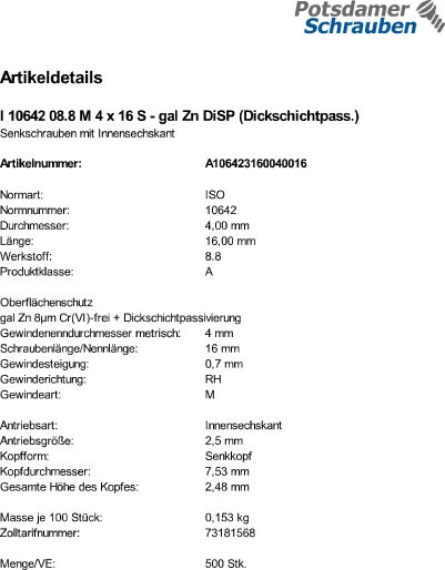 500 Innensechskant Senkkopfschrauben eh. DIN 7991 8.8 M4x16 DiSP
