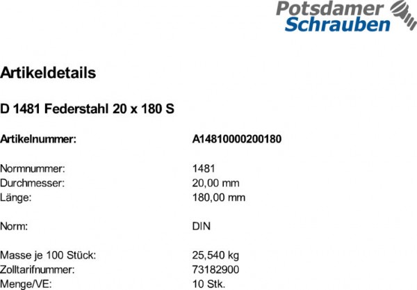10 Spannstifte DIN 1481 Federstahl 20x180