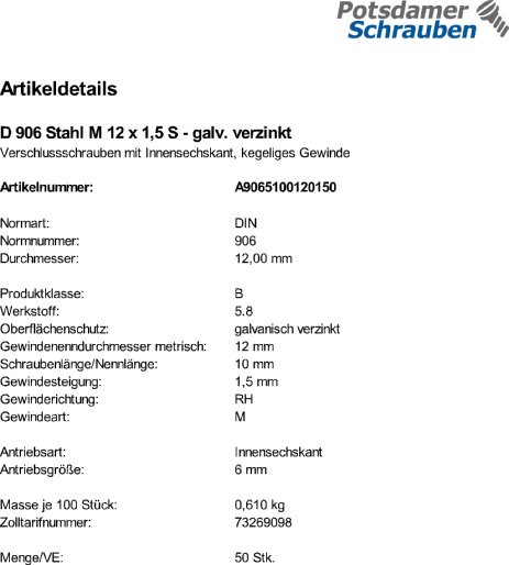 50 Verschlußschrauben DIN 906 Stahl M12x1,5 verzinkt