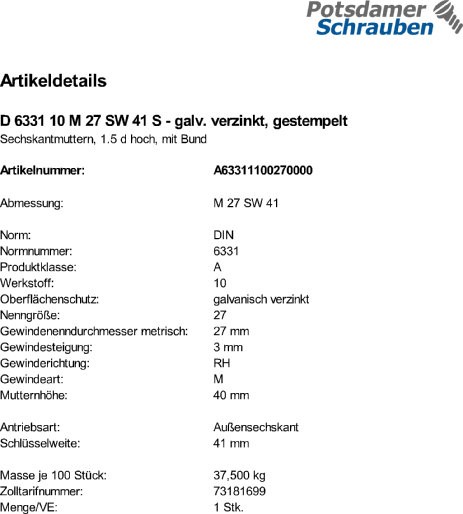 1 Sechskantmu. mit Bund DIN 6331 10 M27 SW 41 verzinkt, gestempelt Stahl