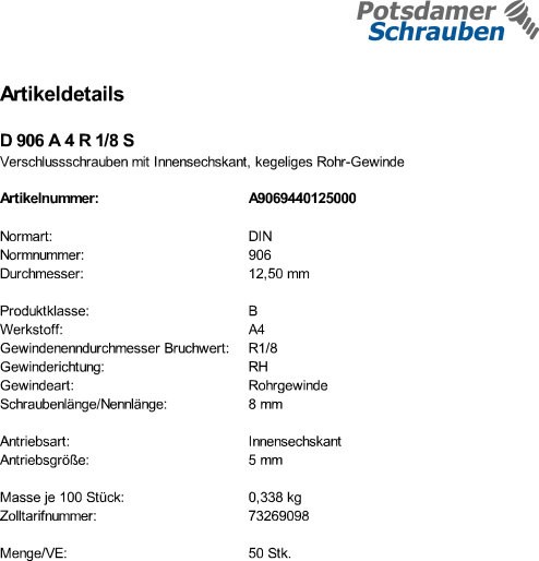 50 Verschlußschrauben DIN 906 A4 R 1/8 V4A Edelstahl