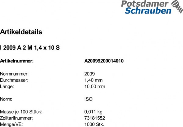 1000 Edelstahl V2A Schlitz Senkschrauben ISO 2009 A2 M1,4x10