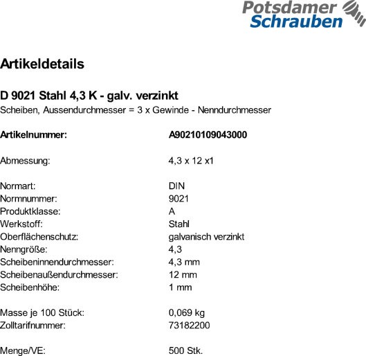 500 Unterlegscheiben DIN 9021 verzinkt 4,3 mm Ø M4