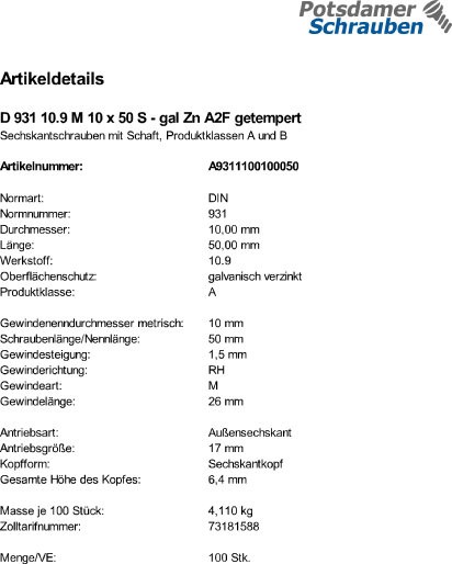 100 Sechskantschrauben DIN 931 10.9 verzinkt M10x50