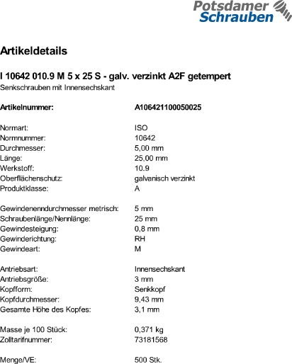 500 Innensechskant Senkkopfschrauben eh. DIN 7991 10.9 verzinkt M5x25