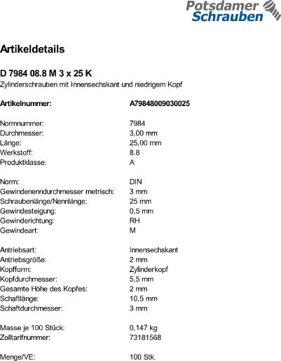 100 Innensechskant Zylinderkopfschrauben niedrig DIN 7984 8.8 schwarz M3x25