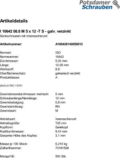 500 Torx Senkkopfschrauben eh. DIN 7991 8.8 verzinkt M5x12 TX