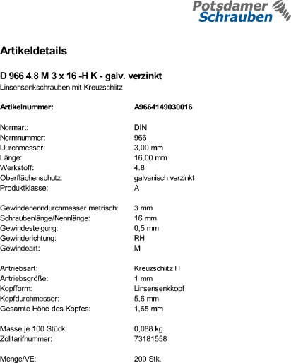 200 Linsensenkschrauben DIN 966 4.8 -H verzinkt M3x16
