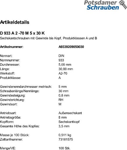 100 Edelstahl V2A Sechskantschrauben DIN 933 A2 - 70 M5x30
