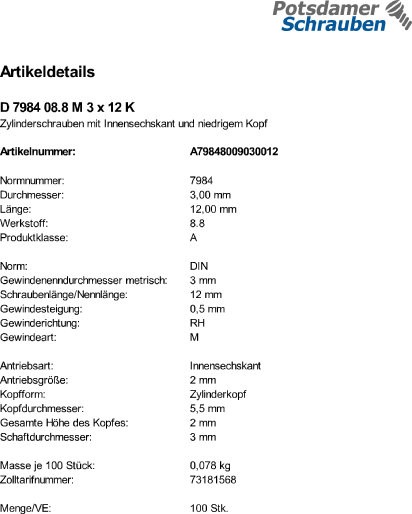 100 Innensechskant Zylinderkopfschrauben niedrig DIN 7984 8.8 schwarz M3x12