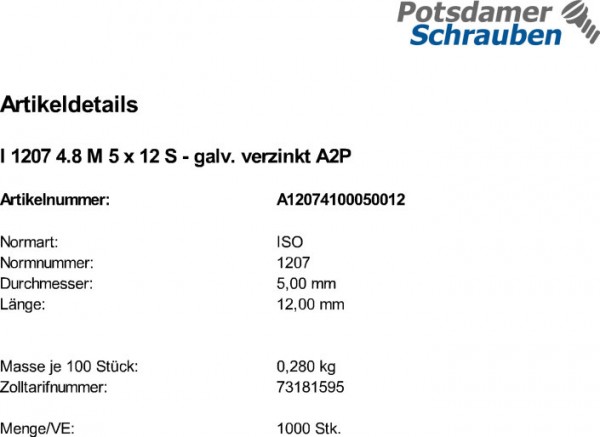 1000 Schlitz Zylinderschrauben ISO 1207 4.8 verzinkt M5x12