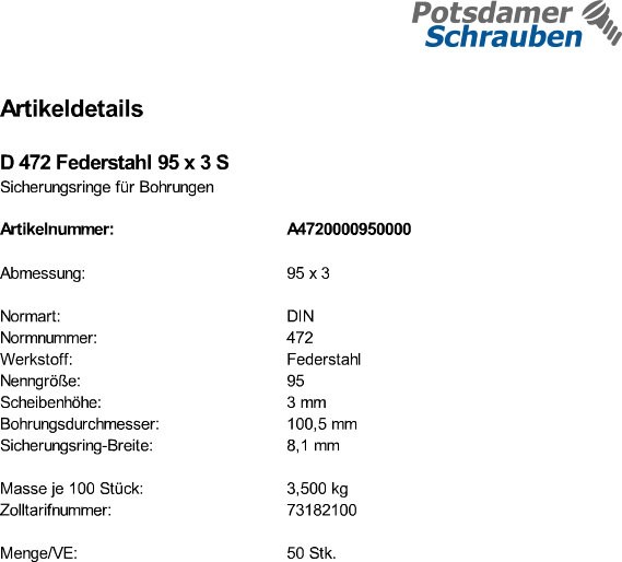 50 Sicherungsringe DIN 472 Federstahl 95x3